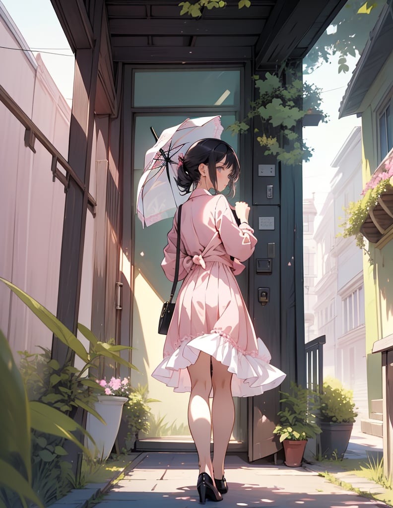 (masterpiece, top quality), high definition, artistic composition, 1 woman, light pink shirt, beige skirt, holding a small parasol, classy, elegant, mature, calm, walking, residential area, strong sunlight, portrait, black hair tied back, summer, early afternoon