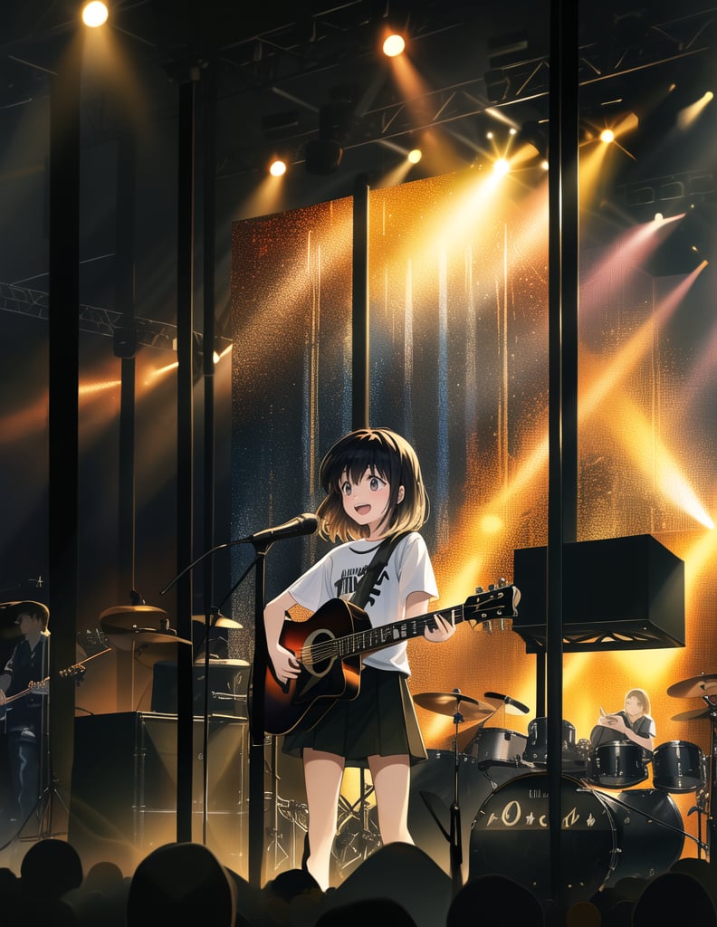 Masterpiece, Top Quality, High Definition, Artistic Composition,1 girl, playing guitar, rock band, concert, smiling, sweat, urban casual, right hand raised, from below, lighting, lively, mouth open, bold composition, striking light