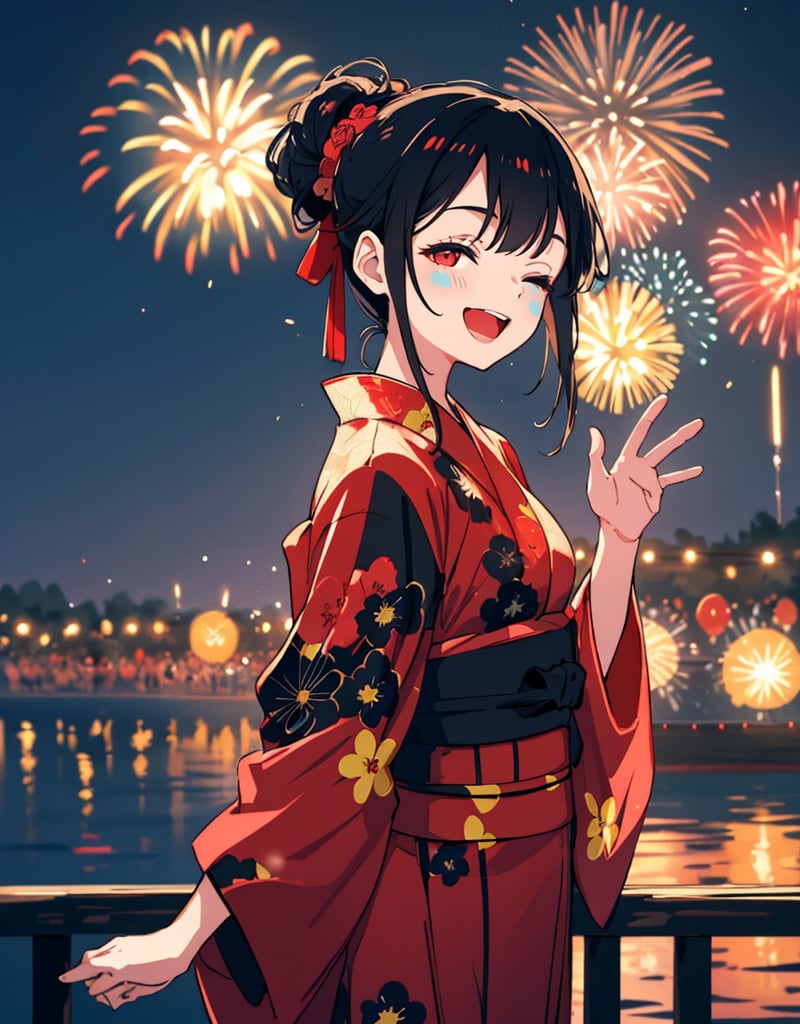 (masterpiece, top quality), high definition, artistic composition, 1 woman, black with red flowers yukata, hair tied up, black hair, right hand straight up, waving, eyes closed, laughing, left hand over mouth, loud voice, crowd behind, beautiful large fireworks in background There is, night, summer, dramatic, from the front,