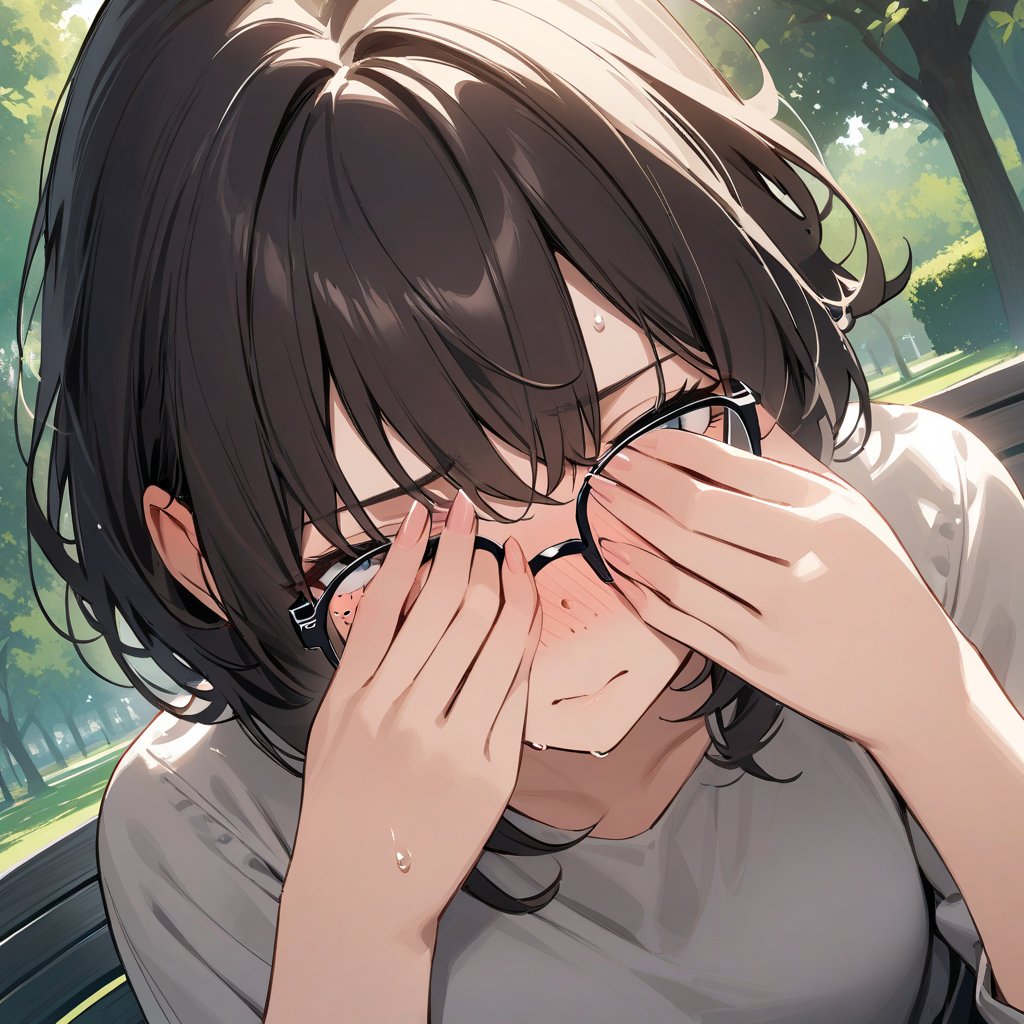 (masterpiece, top quality), high definition, artistic composition, 1 girl, nose blush, close-up of face, POW, panicked, embarrassed, glasses, freckles, dark hair, long bob, messy hair, sweat, hiding face with hands, somber casual fashion, park, dramatic, Dutch angle