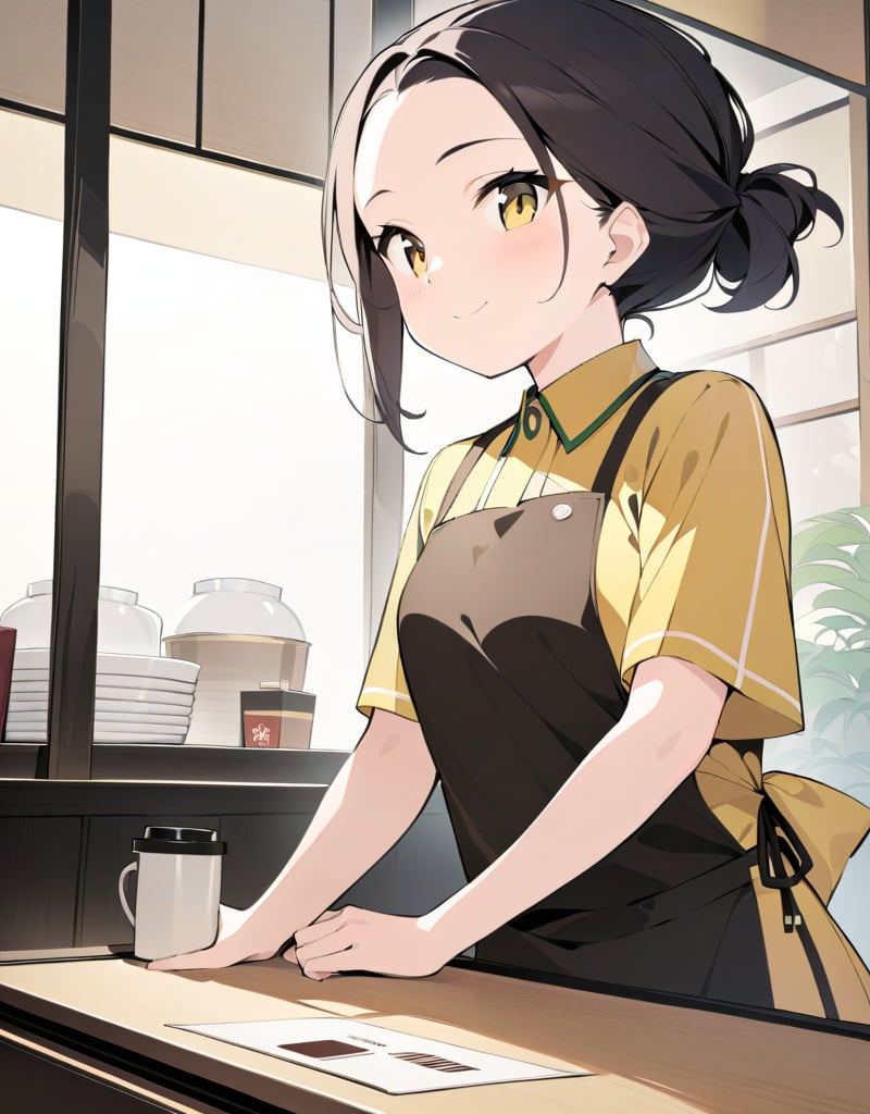 (Masterpiece, Top Quality), High Definition, Artistic Composition, 1 girl, dark hair, hair tied back, family restaurant clerk, smiling, Japanese family restaurant, coffee offered on table, green and yellow uniform, cute costume, from side