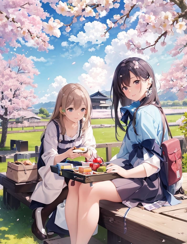Masterpiece, Top Quality, High Definition, Artistic Composition, Two Girls, Large Cherry Trees, Cherry Blossoms In Full Bloom, Blue Sky, Impressive Clouds, Sitting On Ground, Sitting Sideways, Lunch Box, Having A Conversation, Looking Up At Sky, Looking Down, Wide Sky, Distant View, Casual Wear, Japanese Countryside,best quality,masterpiece