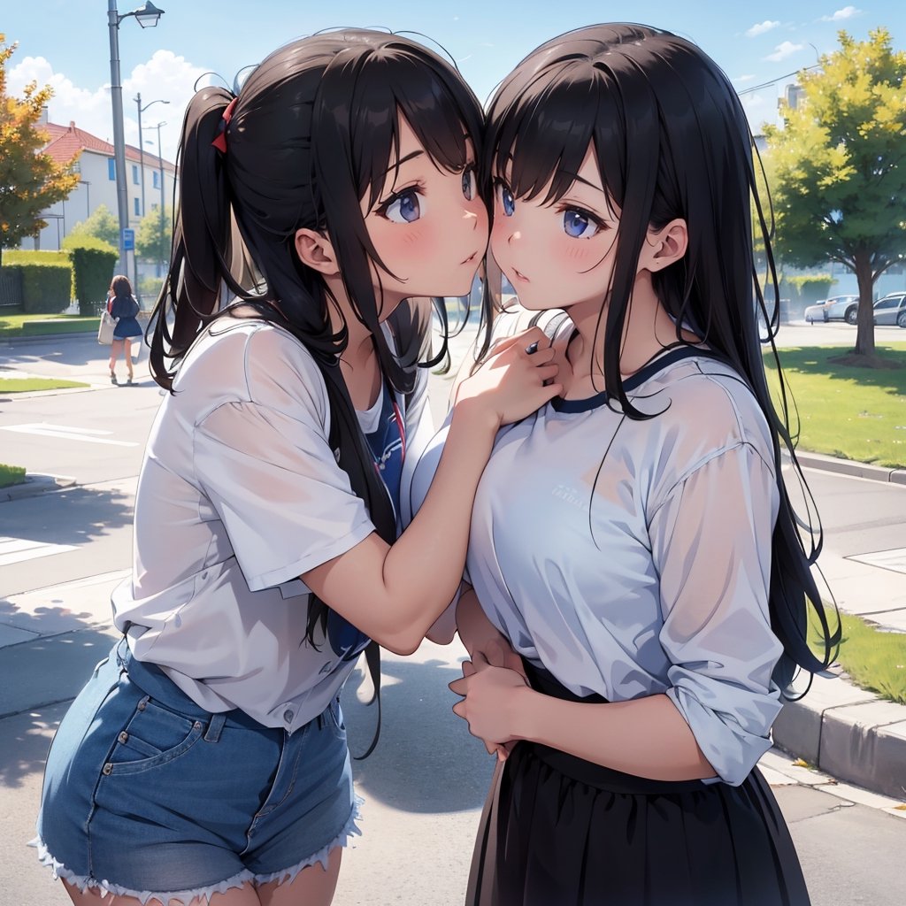 Masterpiece, Top quality, High definition, Artistic composition, Two girls, Friend, Kissing cheek, Surprised, Side view, Park, Blue sky, Below