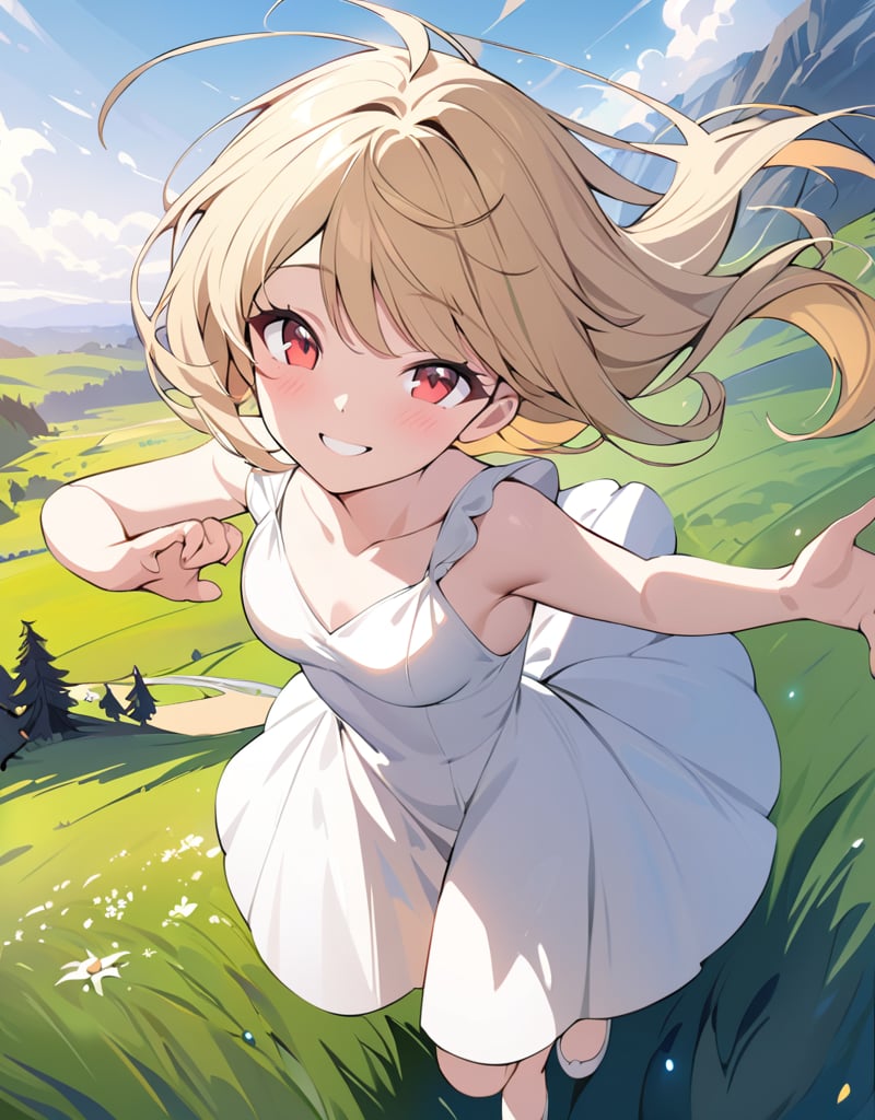 (masterpiece, top quality), high definition, artistic composition, 1 girl, flying pose, cheerful, meadow, composition from above, smiling, blonde hair, sparkling, white dress, healthy, impressive light, wind blowing, red eyes, divine,(masterpiece),scenery