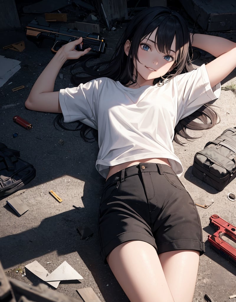 (masterpiece, top quality), high definition, artistic composition, 1 girl, 15 years old, smirking, (holding a pistol), darkness, in ruins, plain t-shirt, shorts, lying on her back on the ground, danger, crisis, suspense