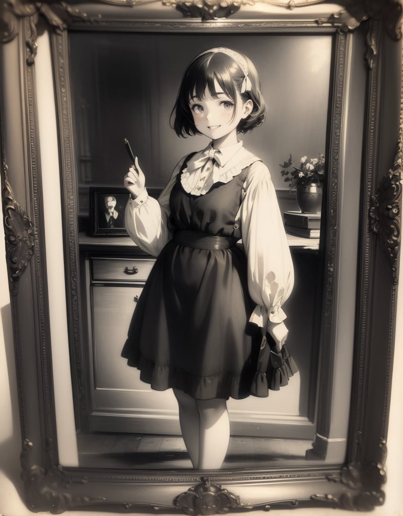 Masterpiece, Top quality, High definition, Artistic composition, 1 girl, standing, 1920s America, old photo, faded photo, smiling girl, vignette, picture frame, souvenir photo, feminine gesture, low saturation, desk top picture frame
