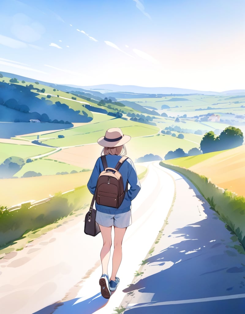 (masterpiece, top quality), high definition, artistic composition, 1 girl, (watercolor), French countryside, road leading to hill, country road, walking, travel bag, casual fashion, sneakers, artistic, blue sky, Daily life, hat, traveler