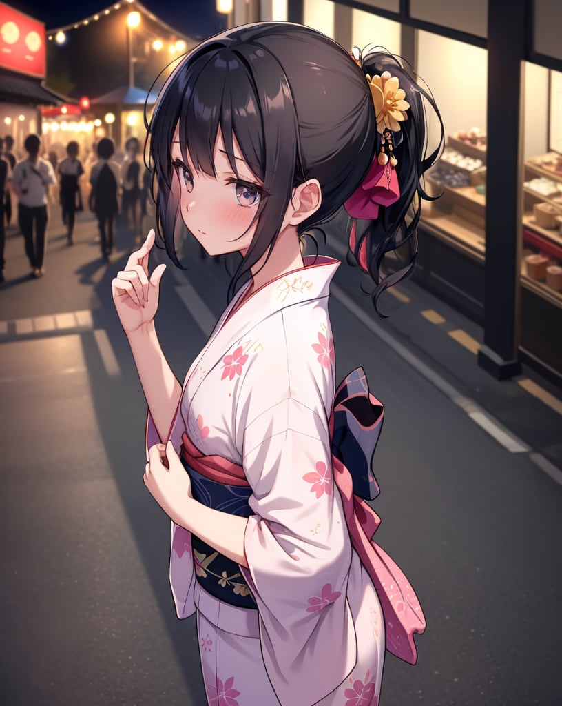 (Masterpiece, Top Quality), High Definition, Artistic Composition, 1 Woman, Embarrassed, Girlish Gesture, From Above, From Side, Looking Away, Blushing, Inverted Ponytail, Yukata, Walking, Night, Festival, Dark, Talking, Head Up, Kanzashi, Black Hair