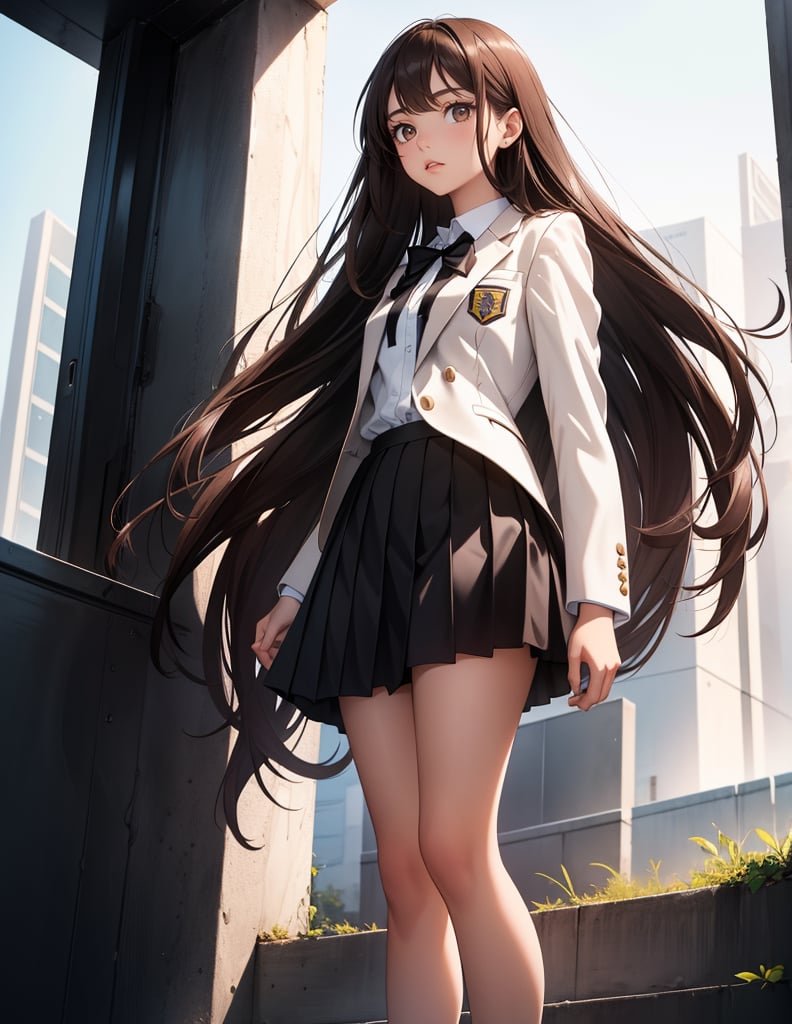 Masterpiece, Top Quality, High Definition, Artistic Composition,1 girl, brown hair, from below, standing on a hill, backlit, striking light, white blazer, school uniform, on her way to school, looking at me, black hair, long hair - standing tall, young lady, black ribbon, portrait, bold composition, Full body, Loafers