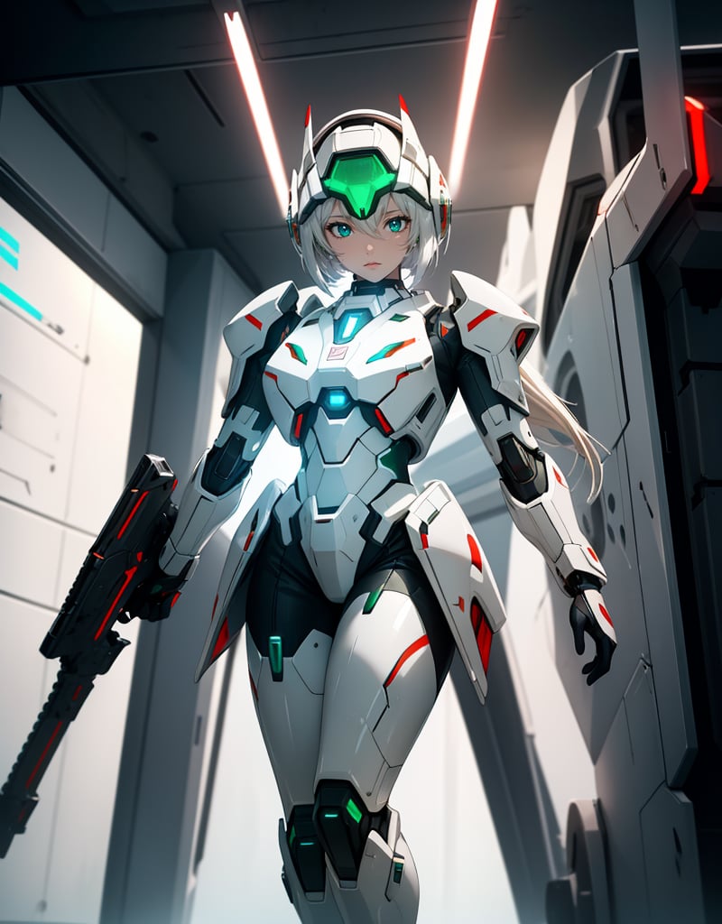 (masterpiece, top quality), high definition, artistic composition, 1 girl, anime, android-like battle suit, white and red armor, green luminescence on body, holding futuristic heavy weapons with both hands, futuristic, science fiction, standing, sideways turning sideways, spaceship dog, holographic monitor