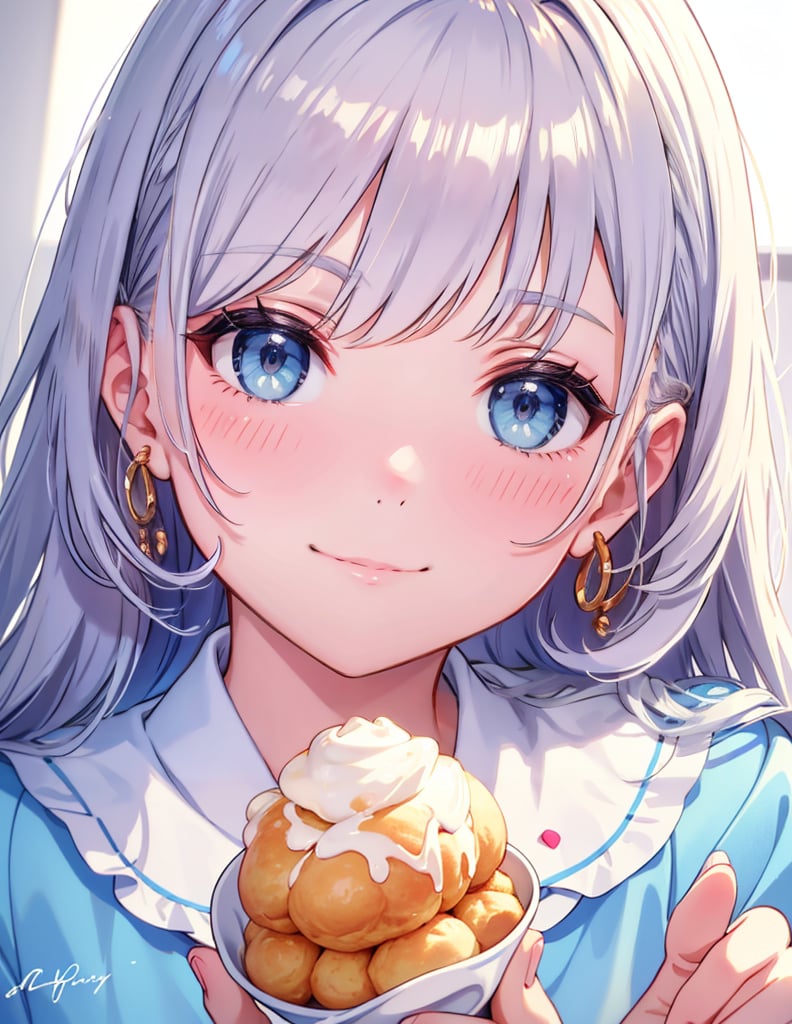 Masterpiece, Top quality, High definition, Artistic composition, One girl, eating cream puffs, cream around mouth, smiling, close-up of face, light blue clothing