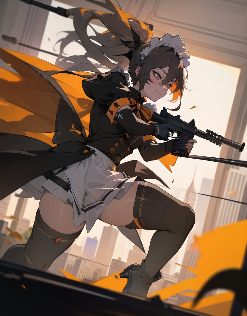 (masterpiece, top quality), high definition, artistic composition, 1 girl, maid cosplay, Halloween, night, city, smirking, heavy weapon, aiming with gun, firing, action pose, looking away, dynamic, powerful, In combat, Dutch angle, High contrast, Suspense