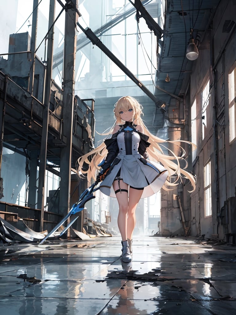 masterpiece, top quality, 1 girl, white battle dress, blonde hair, blue eyes, holding a weapon, inside a huge dilapidated factory , dark, orange lighting, nothing on the floor, water on the floor, high definition, photo-like background, science fiction