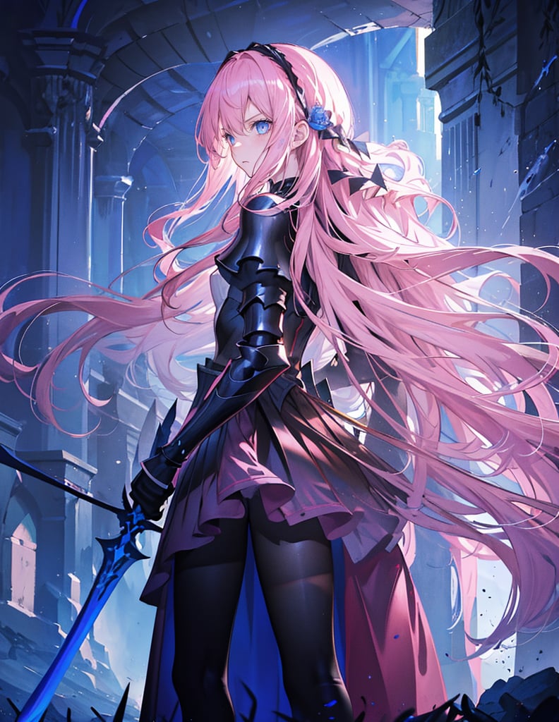 (masterpiece, top quality), high definition, artistic composition, 1 girl, pink wavy hair, hair band, slender jet black armor, blue eyes, from front, standing tall, sword in both hands, chin drawn, glaring, dungeon, dark, candle light, perspective, fantasy, mature