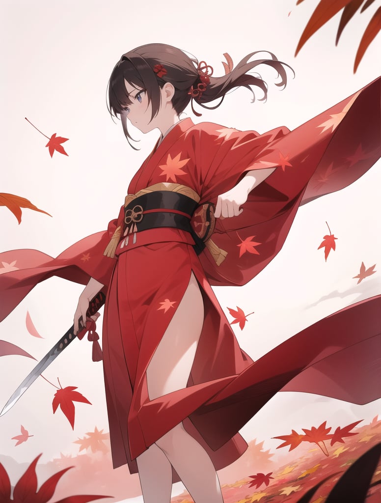 Masterpiece, Top Quality, High Definition, Artistic Composition,1 Woman, Serious Face, Sharp Eyes, Action Pose, White and Red Kimono Style Battle Dress, Standing with Legs Spread, Japanese Sword at the Ready, Simple Background, Impressive Light, Hair Bound with Red Ribbon, Good Looking, Autumn Leaves Pattern