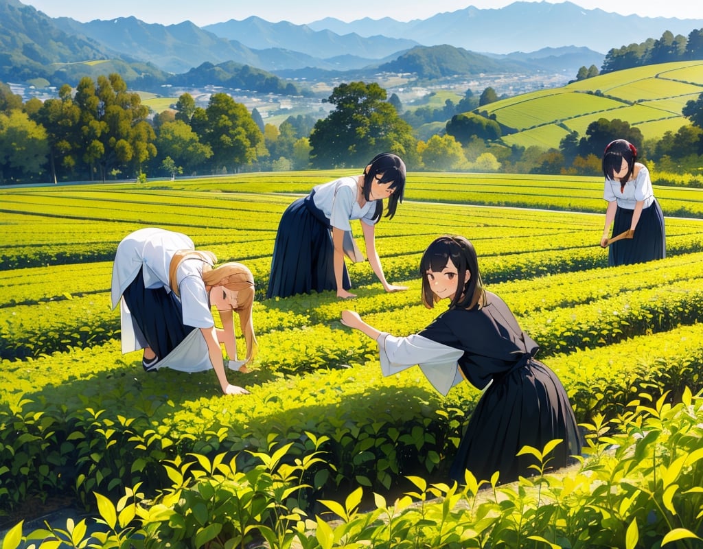 Masterpiece, top quality, high definition, artistic composition, several women, Japan, Shizuoka Prefecture, tea plantation, bent over picking leaves, work clothes, smiling, talking, looking away, wide shot
