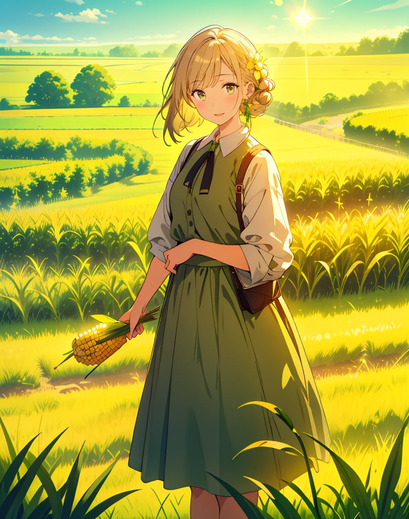 (Masterpiece, Top Quality), High Definition, Artistic Composition, 1 Woman, holding corn in hand, smiling, khaki farm clothes, tall corn seedling, cornfield, green landscape, high contrast, from front, striking light