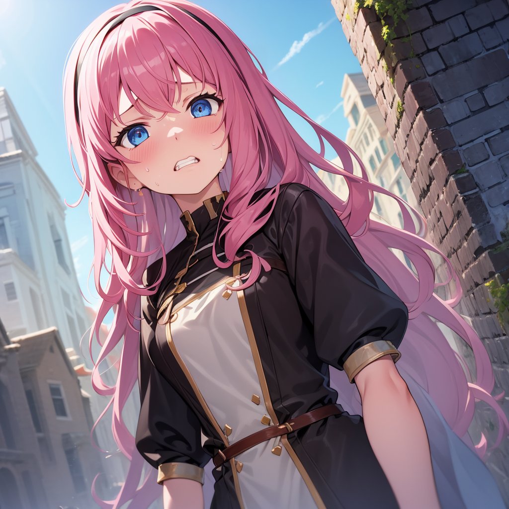 (masterpiece, top quality), high definition, artistic composition, 1 girl, pink wavy hair, hair band, armor, blue eyes, disgusted face, gritted teeth, sweating, close-up of face, from below, fantasy, brick building, looking down