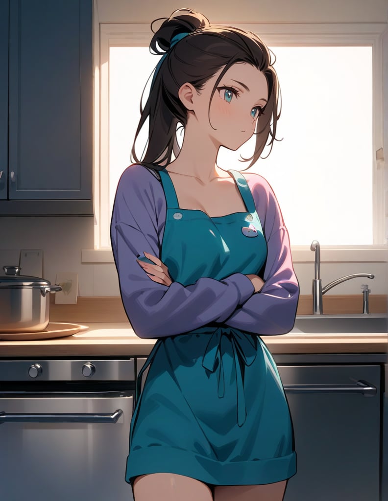 (masterpiece, top quality), high definition, artistic composition, 1 female, dark hair, long hair, arms crossed, pretty face, pouty, young, apron, kitchen, hair tied back, pastel colors, striking light, wife, cartoon , loungewear,