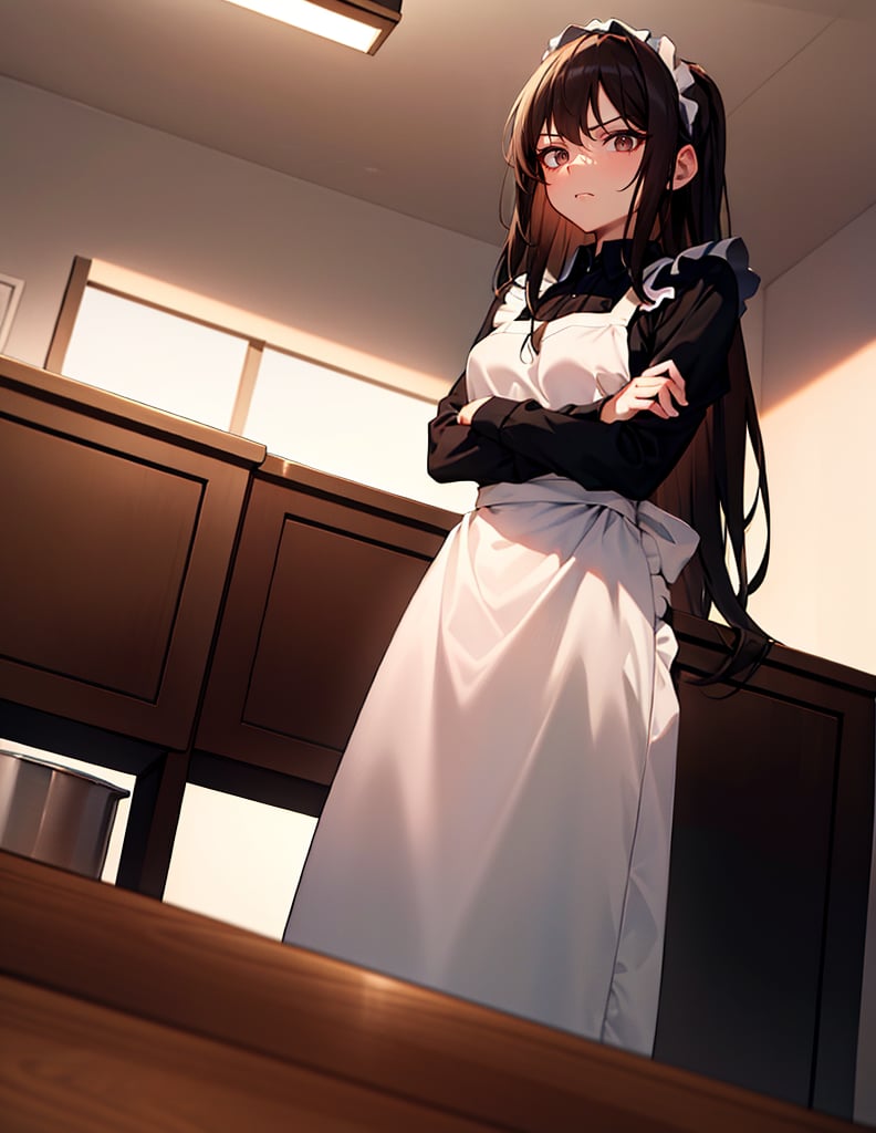 (masterpiece, top quality), high definition, artistic composition, 1 female, dark hair, long hair, from below, arms crossed, scary face staring, backlit, apron, kitchen, hair tied back, Dutch angle, striking light, Wife.