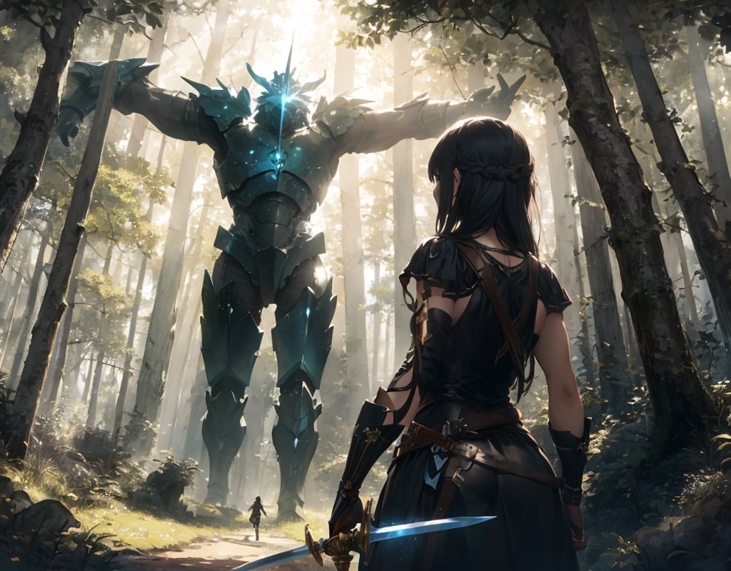 Masterpiece, top quality, high definition, artistic composition, 1 girl, fantasy, back view, female swordsman, holding sword, action pose, fighting giant humanoid monster, in forest, light shining through, wide shot