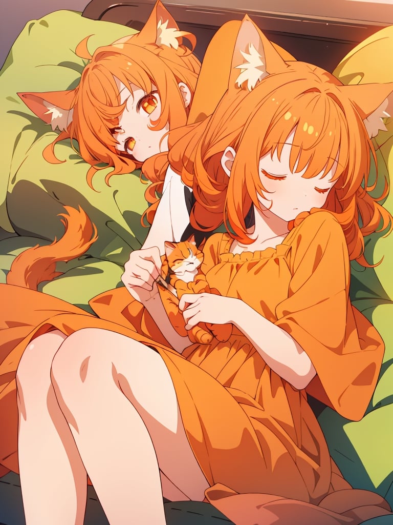 masterpiece, top quality, 1 girl, orange hair, frizzy hair, big eyes, cat ears and tail, orange dress, sleeping curled up, sleeping on couch, high definition