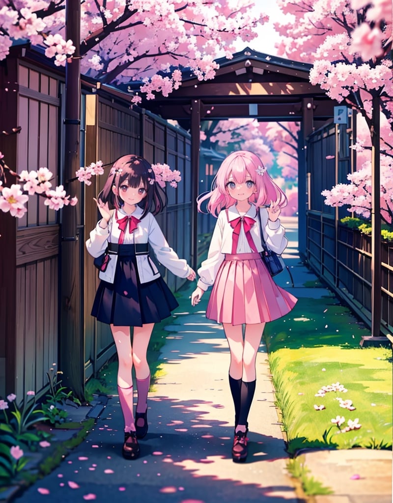  Masterpiece, Top Quality, High Definition, Artistic Composition, 2 girls, smiling, smiling with mouth open, walking and talking, cute gesture, tunnel of cherry trees in watercolor style, spring coordination, portrait, cherry blossom in full bloom, wide shot, cherry blossom frame, pastel colors, action pose,girl,<lora:659111690174031528:1.0>