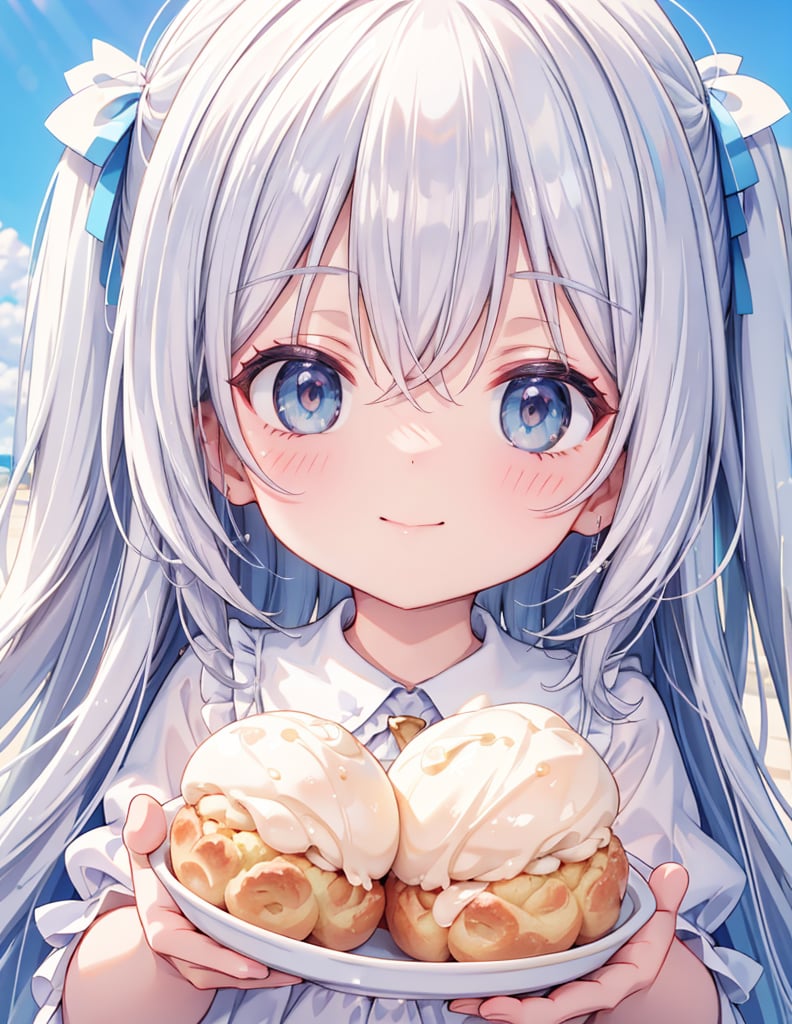 Masterpiece, Top quality, High definition, Artistic composition, One girl, eating cream puffs, cream around mouth, smiling, close-up of face, light blue clothing,chibi