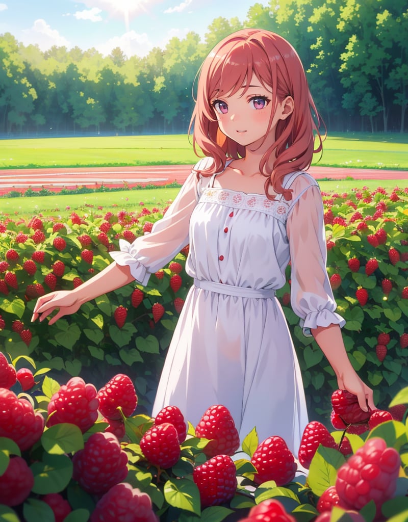 Masterpiece, Top quality, High definition, Artistic composition, 1 girl, raspberry field, picking raspberries, looking away, girlish gesture, white dress, morning dew shining, beautiful light, striking light, bold composition, smiling, chestnut hair, wavy hair, composition from below,girl,photograph