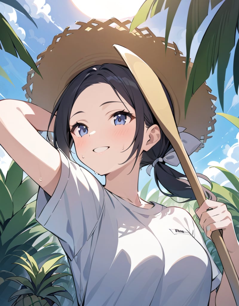 (masterpiece, top quality), high definition, artistic composition, 1 girl, standing in pineapple field, wearing work clothes, straw hat, holding hoe, looking up to heaven, smiling, wiping sweat from forehead, hair tied back, healthy, striking light, portrait, bold composition
