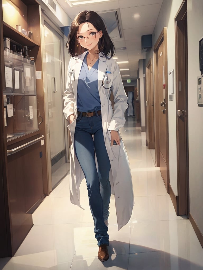 Masterpiece, top quality,khange, 1 woman, smiling, doctor, lab coat, glasses, jeans, walking, hands in pockets, bright atmosphere, hospital hallway, high definition, wide shot, portrait, graceful, from front, mature
