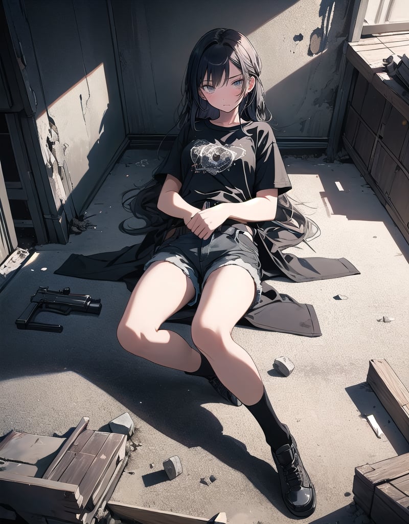 (masterpiece, top quality), high definition, artistic composition, 1 girl, 15 years old, expressionless, (holding a pistol), dark, in ruins, plain t-shirt, shorts, lying on her back on the ground,