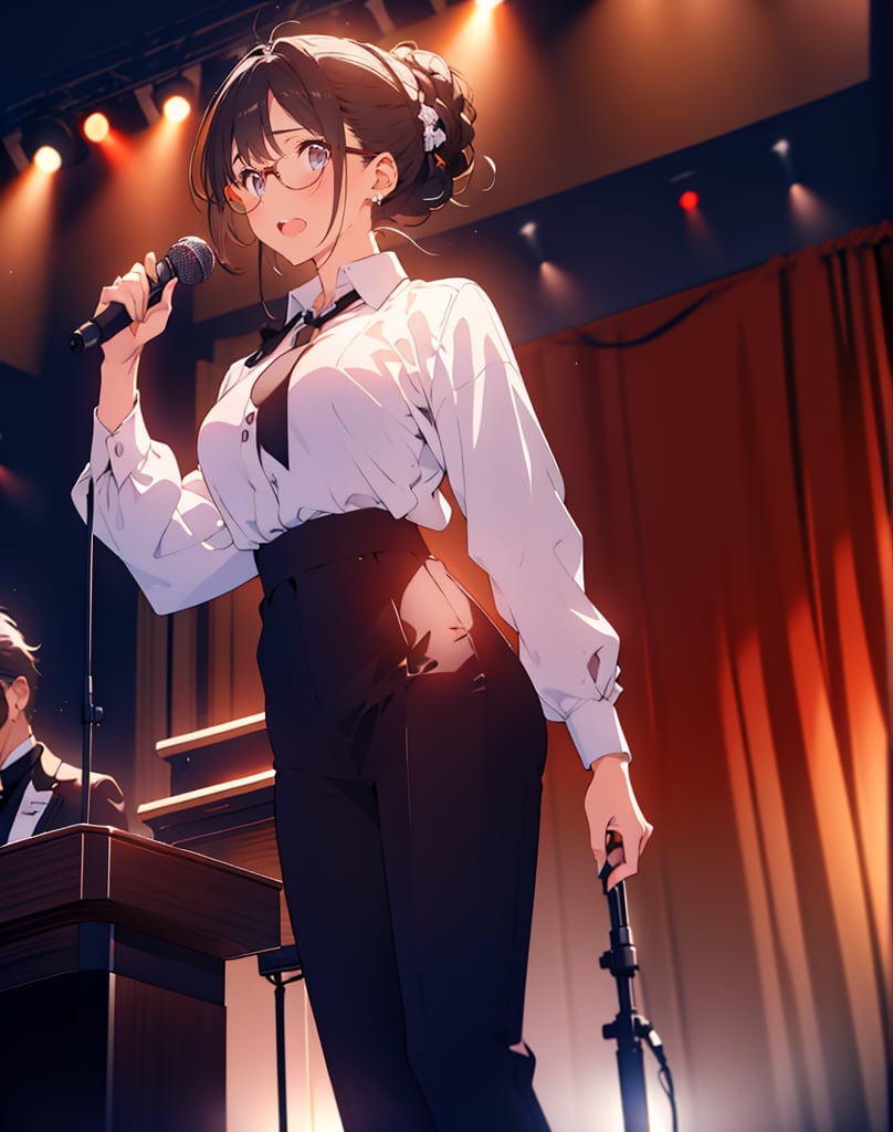 (masterpiece, top quality), high definition, artistic composition, 1 woman, dark hair, hair tied back, glasses, shouting, speaking on podium, microphone and microphone stand, illuminated light, striking light, dramatic, white shirt, black tie, black pants, from below, bold composition, powerful, lectern