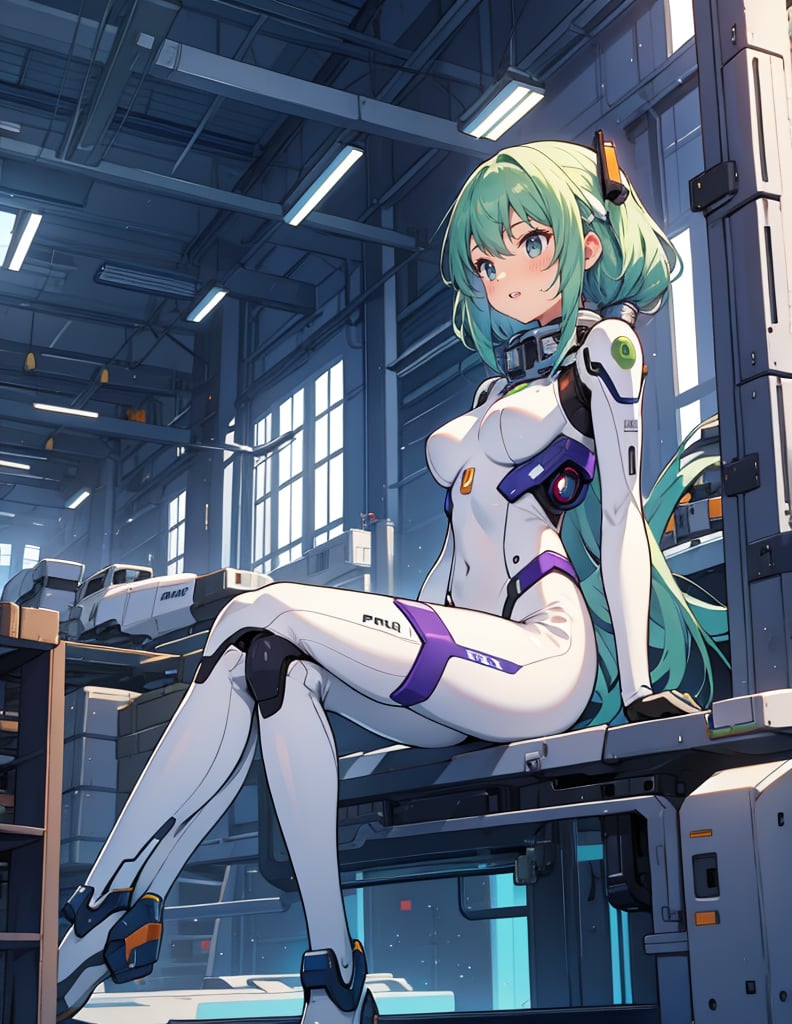 Masterpiece, Top Quality, High Definition, Artistic Composition, One Girl, White Pilot Suit, Body Suit, Android Style, Glowing Purple, Science Fiction, Sitting, Smiling, Hands between legs, Looking Away, Talking, Sweating, Blue Green Hair, Inside Factory, Warehouse, People Working, Wide Shot people working, part of giant mecha in background, wide shot, Japanese anime style
