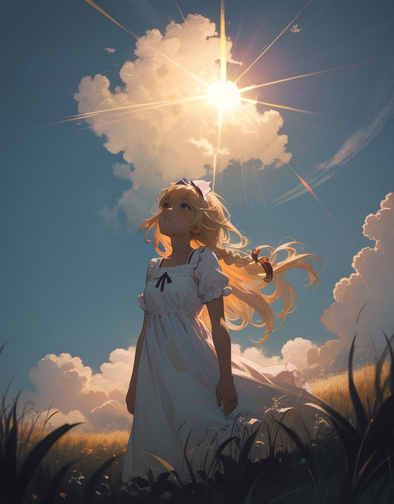 (masterpiece, top quality), high definition, artistic composition, 1 girl, blonde hair, braids, large hair band, white ruffled dress, from below, cirrus clouds, dark sky, large field, looking up to heaven, striking light, dusk, wide shot, high contrast