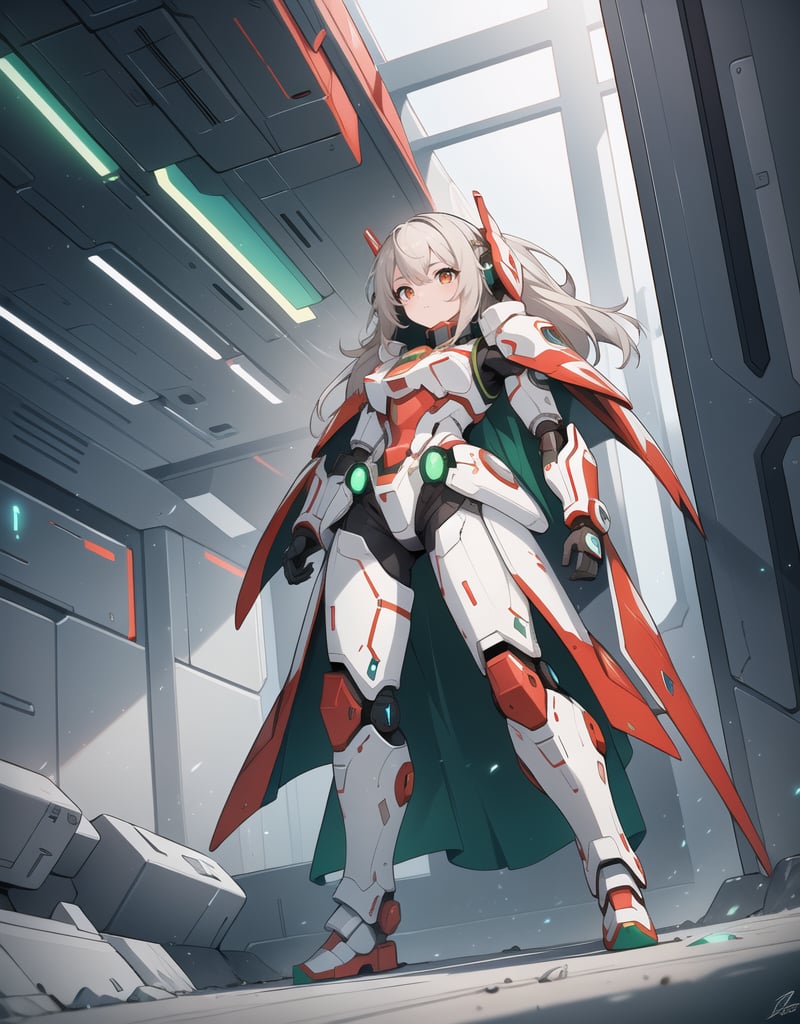 (masterpiece, top quality), high definition, artistic composition, 1 girl, anime, android style battle suit, white and red armor, green luminescence on body, holding future heavy weapons with both hands, futuristic, sci-fi, action pose, Turning sideways, spaceship dog, holographic monitor
