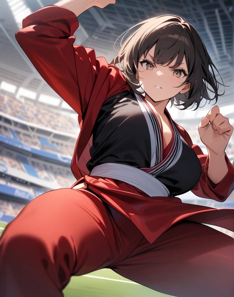 Masterpiece, Top Quality, High Definition, Artistic Composition,1 girl, short hair, red wrestling costume, in fighting pose, thick eyebrows, serious face, stadium, front view, powerful, legs open and poised, jujitsu