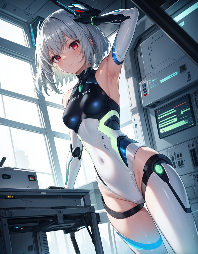 (masterpiece, top quality), high definition, artistic composition, 1 girl, greenish silver hair, red eyes, suspicious face, looking away, twisting body looking down, right arm extended upward, blue and yellow swimsuit-like battle suit, android-like armor, revealing skin, inside lab with white walls, Holographic, futuristic, several researchers, cartoon, (looking under own armpit)