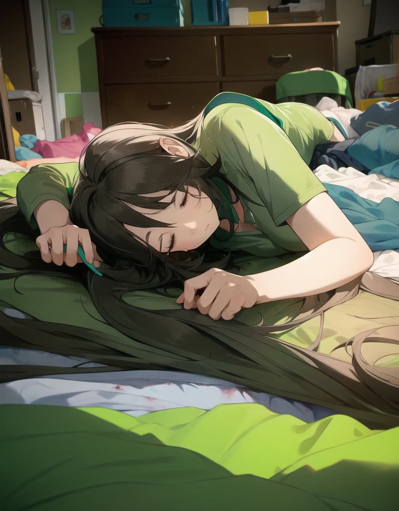 Masterpiece, Top quality, High definition, Artistic composition,1 girl, lying on the floor, on top, green jersey, hair disheveled, sleepy, dirty room, dirty room, messy room, lived in, dark room