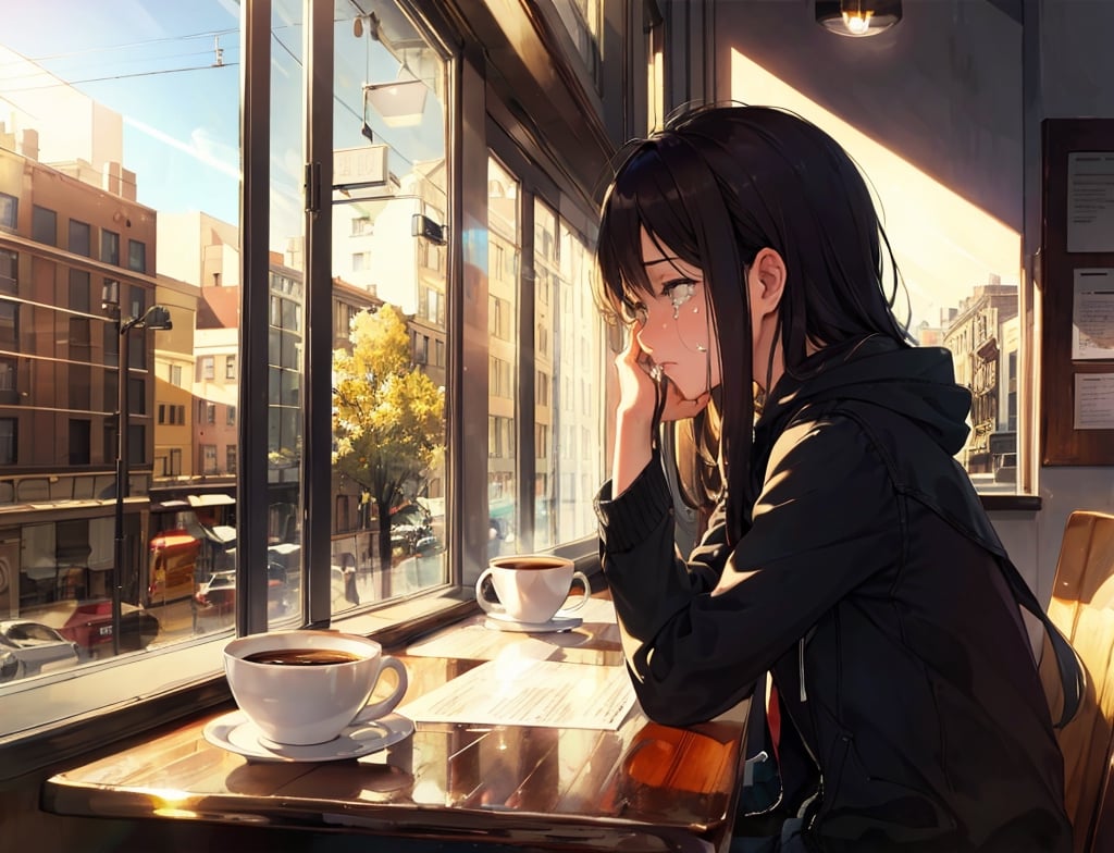 Masterpiece, Top Quality, High Definition, Artistic Composition, 1 girl, crying, reading, coffee shop, window seat, coffee cup, handkerchief, light shining through, late afternoon, side view