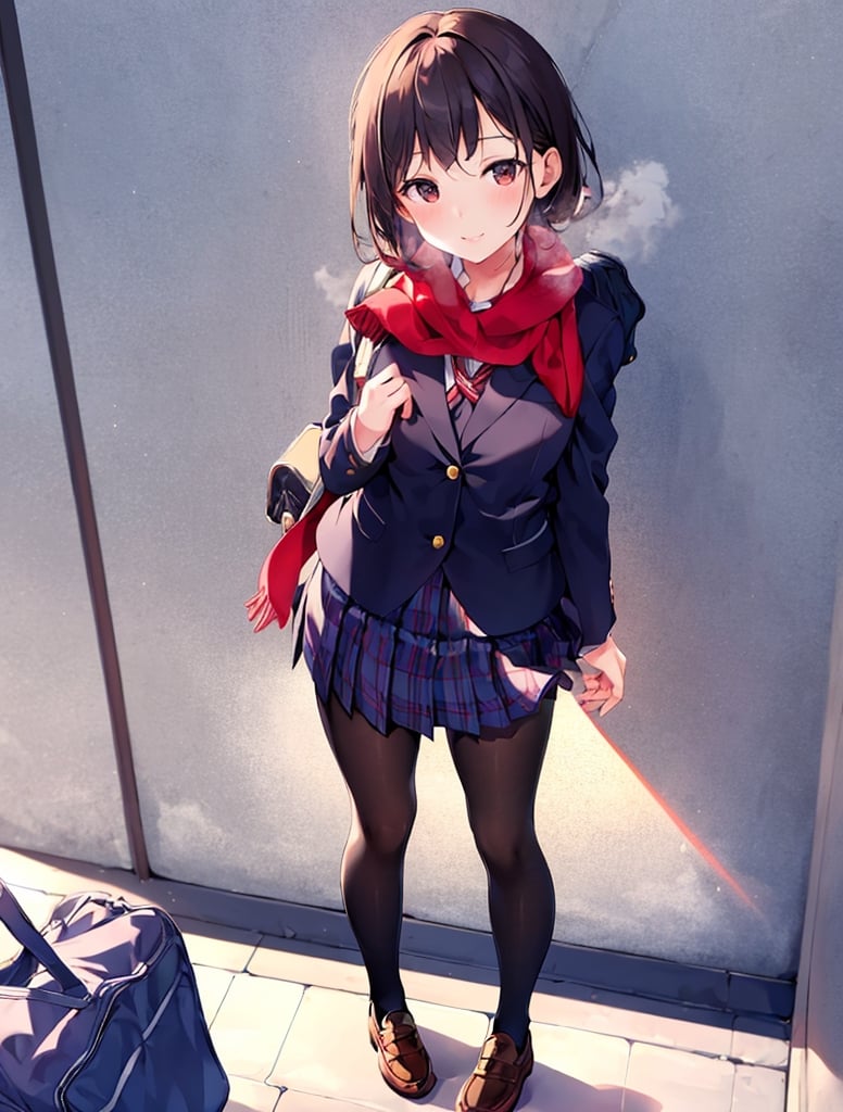 Masterpiece, Top Quality, 1 girl, smiling, hands on knees, out of breath, blazer, school uniform, school uniform, school bag, pantyhose, Japan, morning, school route, standing tall, artistic composition, refreshing, high definition, strong sunlight, red scarf
