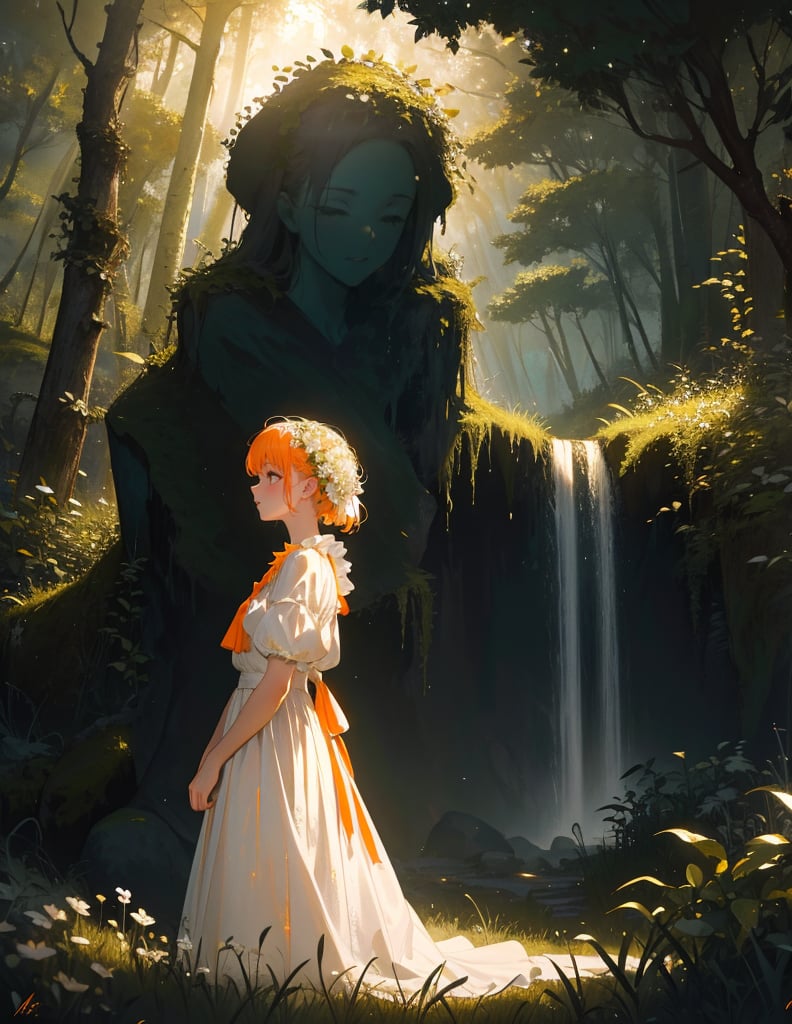 Masterpiece, Top Quality, High Definition, Artistic Composition, One Girl, Offering White Bouquet, From Side, Dirty Rough Clothes, Orange Ribbon, Looking Away, Mossy Statue of a Brave Man, In Forest, Light Shining, Impressive Light, Dramatic, Fantasy, High Contrast