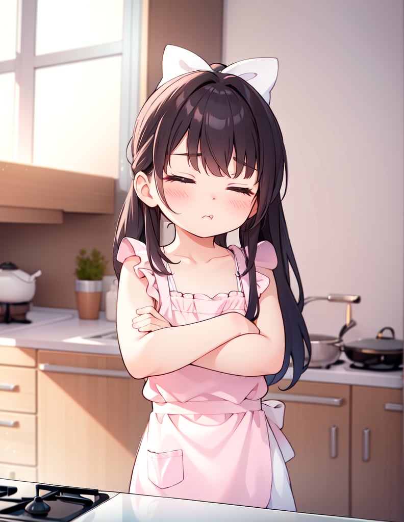 (masterpiece, top quality), high definition, artistic composition, 1 female, dark hair, long hair, pretty face, pouty, young, apron, kitchen, hair tied back, pastel colors, striking light, wife, cartoon, loungewear, Arms crossed, looking away, eyes closed, looking up