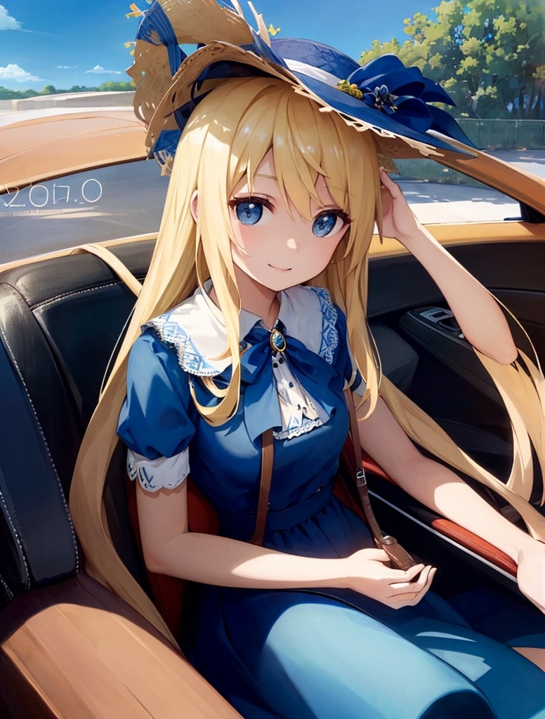 Masterpiece, top quality,khange, 1 girl, smiling, blonde hair, bright blue dress, straw hat, convertible top car, sitting in passenger seat, hand holding hat, hair blowing in wind, high definition, wide shot, portrait,breakdomain,masterpiece