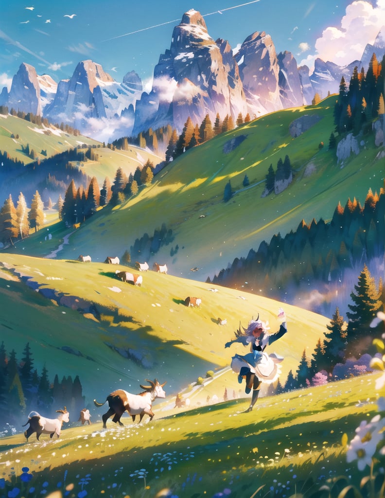 Masterpiece, Top quality, High definition, Artistic composition,1 girl, Swiss mountain pasture, Swiss national dress, Tracht, Appenzell, smiling, running with goats, beautiful nature, mountain slope, energetic, lively, motion blur, bold composition, striking light