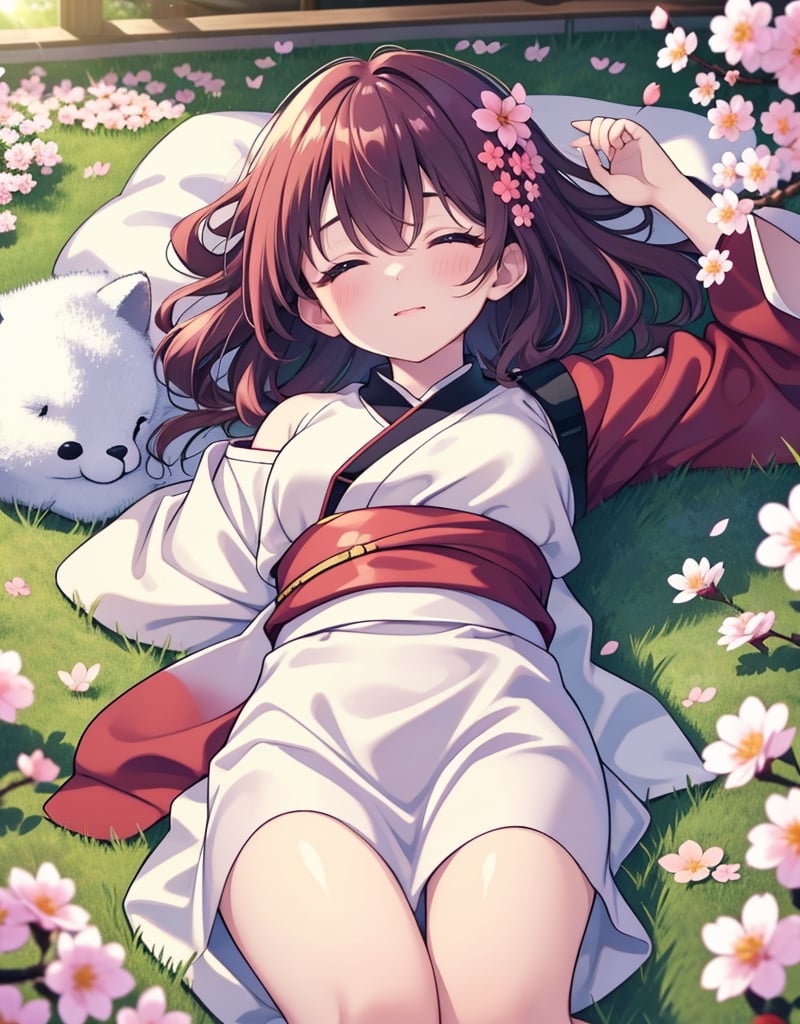  Masterpiece, top quality, high definition, artistic composition, one woman, animation, overhead shot, sleeping with eyes closed, resting, leaning back, mature, 18 years old, smile, casual fashion, Japan, high definition, cherry blossom frame, portrait, wide shot, grass, petals dancing, warm sunlight
,<lora:659111690174031528:1.0>