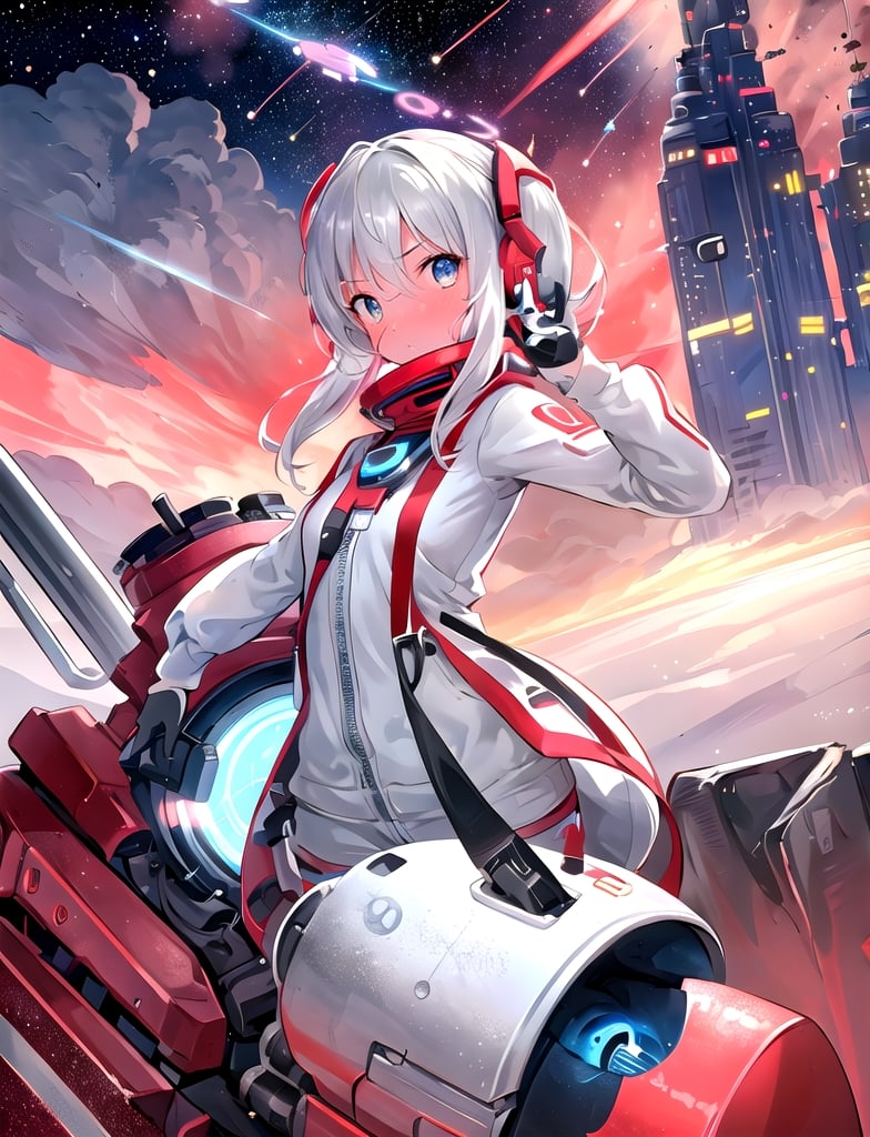 One girl, embarrassed, panicked, retro silver space suit, no helmet, retro silver ray gun, two hands, action pose, retro design, futuristic city on Mars, high definition, wide shot, red sky, artistic composition, close-up of face, weightless, upside down city view








