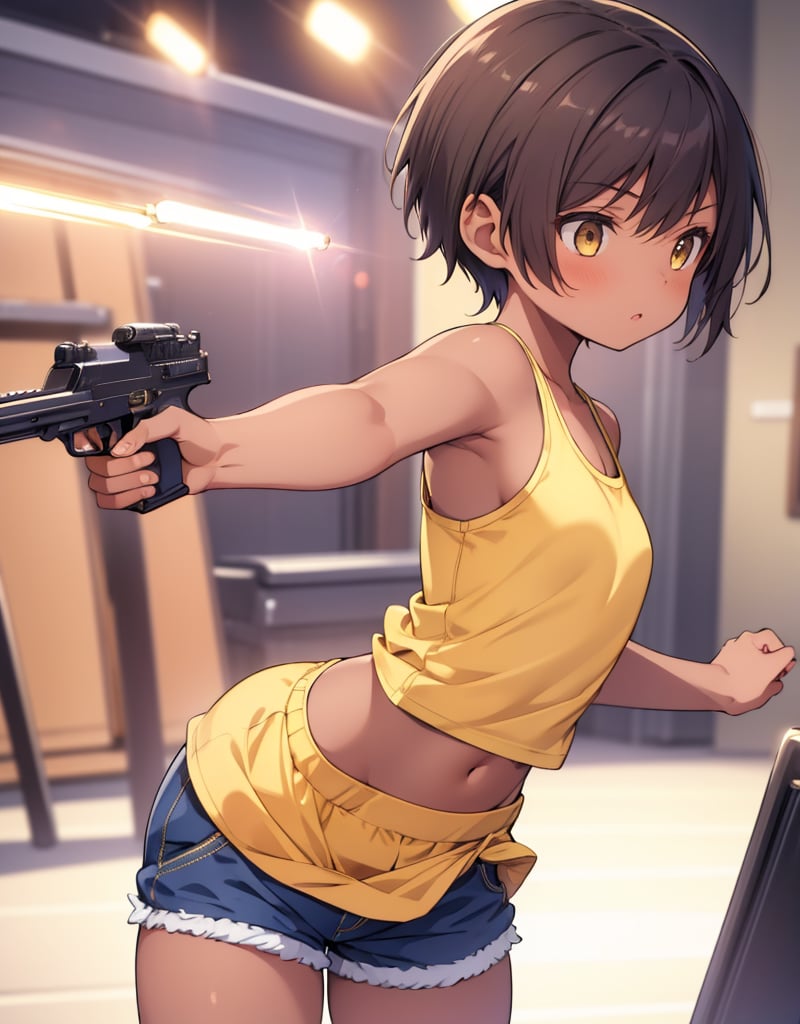 (masterpiece, top quality), high definition, artistic composition, 1 girl, brown skin, yellow tank top, navy blue shorts, holding pistol, reaching, action pose, looking away, twisting, short hair, spotlight, lively