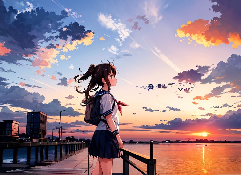 masterpiece, best quality, 1 girl, 13 years old, girl, sailor suit, school uniform, walking, pushing bicycle, causeway, dusk, sunset, dim sky, school road, high definition, Japan, artistic composition, backlight, silhouette, composition from the side, composition from below
