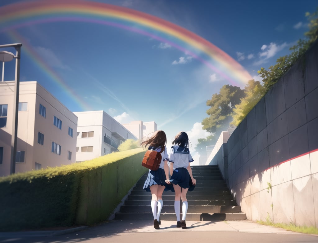 Masterpiece, Top Quality, High Definition, Artistic Composition, 2 Girls, Walking, High School, Uniform, Summer Uniform, School Walk, Stairs, Sideways Composition, Talking, Looking Away, Large Hand Waving, Student Bag, Blue Sky, After Rain, Big Rainbow, Beautiful Light, Dramatic